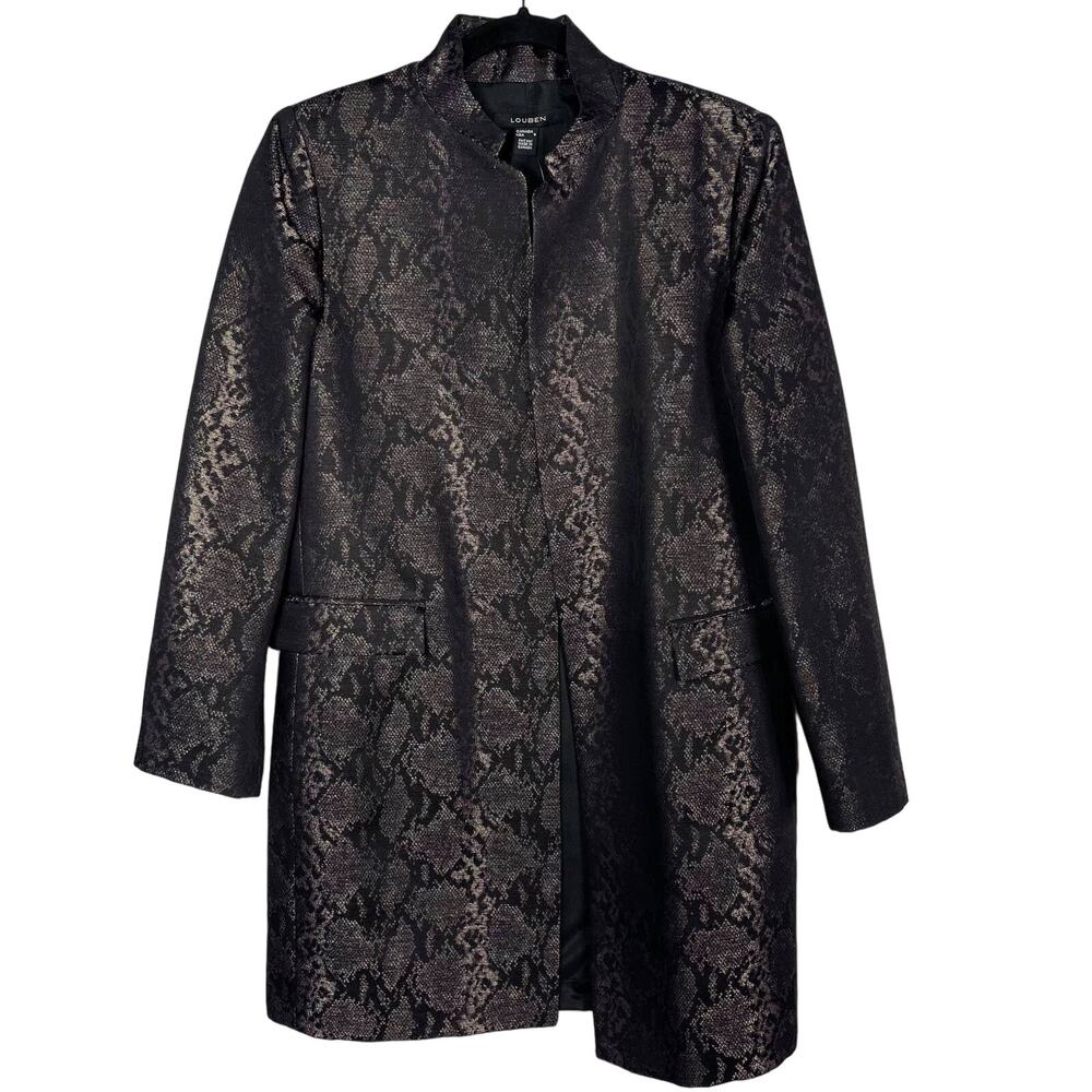 New Louben 6 Black Metallic Copper Snake Print Python Open Front Jacket Duster